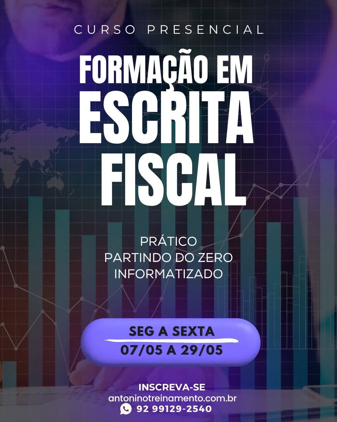 🎯CURSO DE FORMAÇÃO EM ESCRITA FISCAL - 40H Presencial/Manaus
Dê um salto na sua vida profissional com nosso curso de Escrita Fiscal. Rápido, prático e ideal para quem quer começar do zero e se destacar!
📆Período: 07/05 a 29/05/2025
📌Dias:Seg a sexta
⏰Horário: 18:30 h às 21:30 h
🏢Local:Unidade II – Edifício Atlantic Tower, Torre Business, Djalma Batista - Chapada
📊Investimento: R$710,00 a vista. 3X sem juros, ou em até 12X com juros no cartão de crédito.
Desconto ex alunos: 660,00
>>Matriculas online
https://antoninotreinamento.com.br/formacao-em-escrita-fiscal/
Ou fale conosco no Whatsapp
http://wa.me/5592991292540