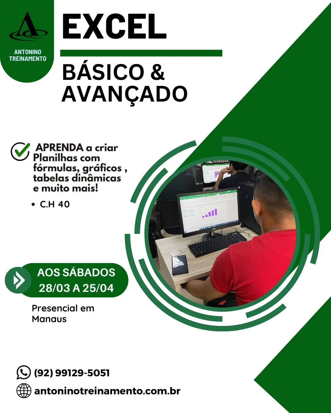 🔰🎯 Investir no Curso de Excel é investir na sua carreira.
Do básico ao avançado, você vai aprender a criar planilhas eficientes, usar fórmulas e funções na prática, analisar dados e montar relatórios profissionais. Essas habilidades aumentam sua produtividade, valorizam seu currículo e ampliam suas oportunidades no mercado de trabalho.
Garanta sua vagas nas primeiras turmas de 2026 e mantenha sua empregabilidade em alta.
Matrículas pelo site (Link na Bio)
www.antoninotreinamento.com.br
Whatsapp 92 99129-5051
#ExcelAvançado #excelbasico #planilhasinteligentes #graficos #tabelasdinâmicas cursosemmanaus