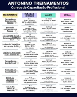 📚🚀 TURMAS CONFIRMADAS | MAIO/JUNHO 🚀📚
Invista no seu crescimento profissional com cursos práticos e presenciais que preparam você para o mercado de trabalho! 
✅ 02/05 – Sábados
🔹 Power BI Básico & Avançado
🔹 Excel Básico & Avançado
✅ 04/05 – Seg a Sex
🔹 eSocial – FGTS Digital, e-Consignado e DCTFWeb/Reinf
✅ 11/05 – Seg a Sex
🔹 Formação em Departamento Pessoal
✅ 19/05 – Seg a Sex
🔹 Formação em Escrita Fiscal
✅ 06/06 – Seg a Sex
🔹 Legislação Trabalhista para RH
✅ 20/06 – Sábados
🔹 Gestão de Contas a Pagar/Receber
🎯 Turmas Confirmadas!
Garanta sua vaga e dê o próximo passo na sua carreira.
🌐 Matrículas Online: antoninotreinamento.com.br
📲 WhatsApp: (92) 99129-5051 
#DepartamentoPessoal #escritafiscal #ExcelAvançado #PowerBIavancado #reformatributaria