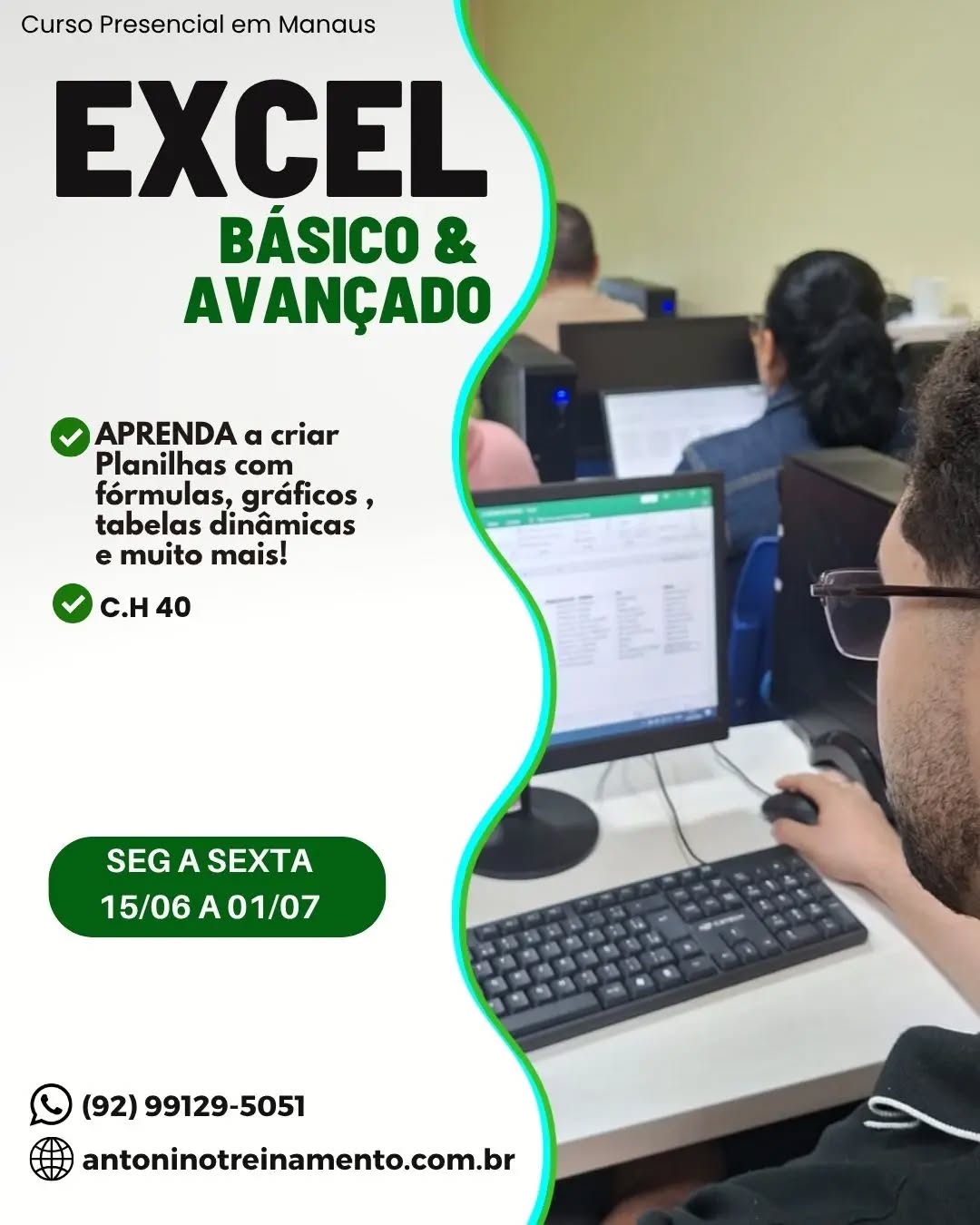 🔰🎯 Investir no Curso de Excel é investir na sua carreira.
Do básico ao avançado, você vai aprender a criar planilhas eficientes, usar fórmulas e funções na prática, analisar dados e montar relatórios profissionais. Essas habilidades aumentam sua produtividade, valorizam seu currículo e ampliam suas oportunidades no mercado de trabalho.
Garanta sua vagas nas primeiras turmas de 2026 e mantenha sua empregabilidade em alta.
Matrículas pelo site (Link na Bio)
www.antoninotreinamento.com.br
Whatsapp 92 99129-5051