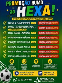 🚨 05 DIAS RESTANTES: PROMOÇÃO RUMO AO HEXA!
🇧🇷💚 O sonho do hexa pode ter sido adiado... Mas o seu crescimento profissional não pode esperar!
🎓 Aulas Presenciais Práticas e Informatizadas
👨‍🏫 Instrutores Especializados
📲 Garanta sua vaga agora:
WhatsApp: (92) 99129-5051
🌐 antoninotreinamento.com.br
#RumoAoHexa #Promoção #AntoninoTreinamento #aulapresencial #informatica