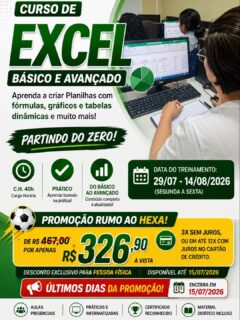 De R$ 467,00 por apenas R$ 326,90 à vista.
✅️ EXCEL BÁSICO E AVANÇADO - SEMANA
Período: 29/07 à 14/08/2026
Carga Horária: 40h
Dias: Segunda à sexta-feira 
Horário: 18h30 às 21h30
Local: Unidade II – Edifício Atlantic Tower, Torre Business, 4° andar, sala 408, Djalma Batista - Chapada
PROMOÇÃO RUMO AO HEXA: 30% OFF De R$ 467,00 por apenas R$ 326,90 à vista. 3X sem juros, ou em até 12X com juros no cartão de crédito.
(🚨 Desconto Exclusivo para Pessoa Física - Disponível até 15/07/2026)
🌐 Fale conosco no Whatsapp 92 99129-5051 
Link na Bio e STORY
#excel #AntoninoTreinamento #promocao #rumoaohexa #ExcelAvancado