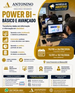 🚀 DOMINE O POWER BI E TRANSFORME DADOS EM RESULTADOS! 📊
Chegou a hora de dar um passo à frente na sua carreira! No curso de Power BI – Do Básico ao Avançado, você aprenderá na prática a criar dashboards profissionais, relatórios dinâmicos e análises estratégicas, utilizando uma das ferramentas mais valorizadas pelas empresas.
✅ Criação de dashboards interativos
✅ Tratamento e análise de dados
✅ Relatórios inteligentes e automatizados
✅ Aulas presenciais, práticas e informatizadas
✅ Instrutor especializado
💼 Invista em uma habilidade que pode fazer a diferença no seu crescimento profissional!
🌐 www.antoninotreinamento.com.br⁠
📲 WhatsApp: (92) 99129-5051
#PowerBI #AnáliseDeDados #Dashboards #BusinessIntelligence #CapacitaçãoProfissional