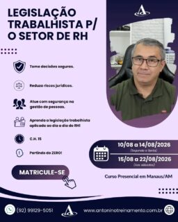 📚 Conhecimento que gera segurança e faz a diferença no RH! ⚖️
Domine a Legislação Trabalhista para o Setor de RH e esteja preparado para atuar com mais segurança nas rotinas trabalhistas, evitando erros e mantendo sua empresa em conformidade com a legislação.
Durante o treinamento, você aprenderá na prática sobre admissão, jornada de trabalho, férias, 13º salário, rescisão, direitos e deveres trabalhistas, além das principais atualizações da legislação.
🚀 Invista na sua qualificação e torne-se um profissional ainda mais preparado para os desafios do mercado!
🌐 www.antoninotreinamento.com.br
📲 WhatsApp: (92) 99129-5051
#LegislaçãoTrabalhista #RH #RecursosHumanos #DepartamentoPessoal #CapacitaçãoProfissional