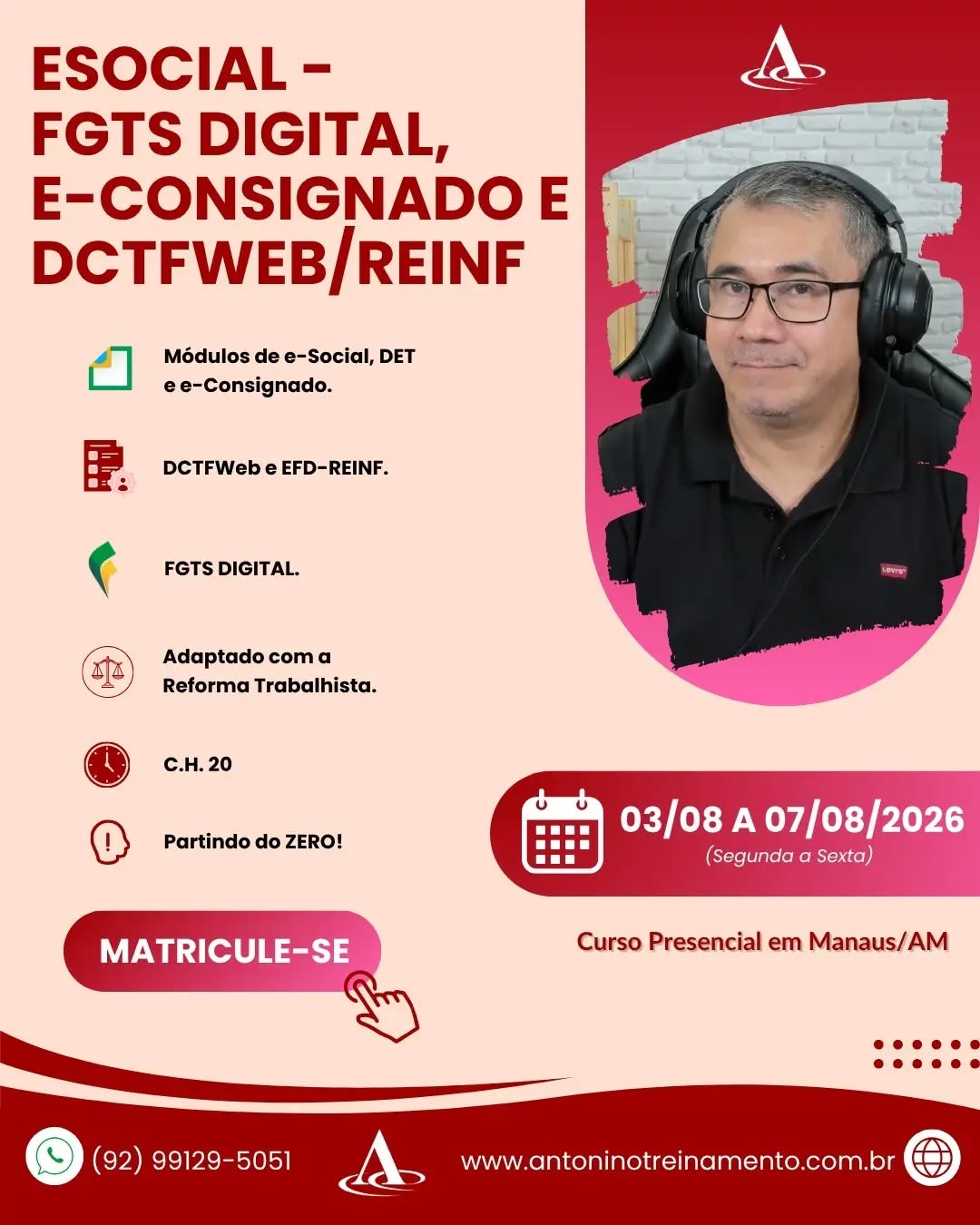 🚨 As regras mudam. O mercado também. E você, está acompanhando?
O profissional que domina o eSocial transmite mais segurança, evita erros e se torna um diferencial para empresas e escritórios contábeis.
📚 Atualize seus conhecimentos e esteja preparado para as novas exigências do mercado!
🌐 www.antoninotreinamento.com.br⁠
📲 WhatsApp: (92) 99129-5051
#eSocial #FGTSDigital #DCTFWeb #DepartamentoPessoal #RH