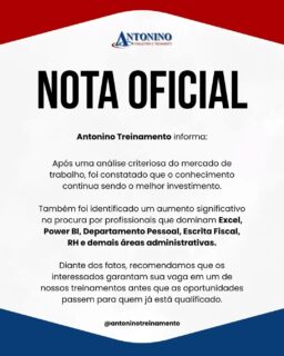 📢 NOTA OFICIAL
A Antonino Treinamento informa:
Após uma análise criteriosa do mercado de trabalho, foi constatado que o conhecimento continua sendo o melhor investimento. 📚😅
Também foi identificado um aumento significativo na procura por profissionais que dominam Excel, Power BI, Departamento Pessoal, Escrita Fiscal, RH e demais áreas administrativas.
Diante dos fatos, recomendamos que os interessados garantam sua vaga em um de nossos treinamentos antes que as oportunidades passem para quem já está qualificado. 😉🚀
Atenciosamente,
A Direção que acredita que estudar nunca sai de moda. 😄
🌐 www.antoninotreinamento.com.br⁠
📲 WhatsApp: (92) 99129-5051
#AntoninoTreinamento #NotaOficial #CapacitaçãoProfissional #Excel #PowerBI