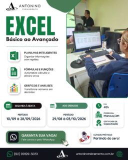 📊 Invista em uma habilidade que faz a diferença!
O Excel é uma das ferramentas mais utilizadas pelas empresas e pode transformar sua rotina profissional. Aprenda a criar planilhas, utilizar fórmulas, analisar dados e trabalhar com mais agilidade e eficiência. 🚀💼
🎓 Dê o próximo passo na sua carreira. Matricule-se no Curso de Excel do Básico ao Avançado!
🌐 antoninotreinamento.com.br
📲 WhatsApp: https://wa.me/5592991295051⁠
#Excel #CursoDeExcel #ExcelDoBasicoAoAvancado #ExcelBasico #ExcelAvancado PlanilhasExcel