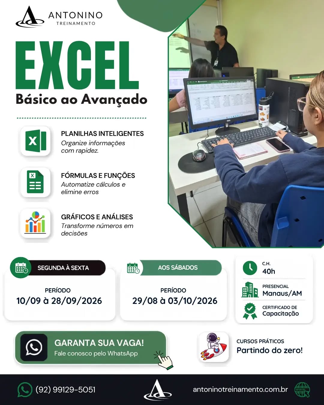 📊 Invista em uma habilidade que faz a diferença!
O Excel é uma das ferramentas mais utilizadas pelas empresas e pode transformar sua rotina profissional. Aprenda a criar planilhas, utilizar fórmulas, analisar dados e trabalhar com mais agilidade e eficiência. 🚀💼
🎓 Dê o próximo passo na sua carreira. Matricule-se no Curso de Excel do Básico ao Avançado!
🌐 antoninotreinamento.com.br
📲 WhatsApp: https://wa.me/5592991295051⁠
#Excel #CursoDeExcel #ExcelDoBasicoAoAvancado #ExcelBasico #ExcelAvancado PlanilhasExcel