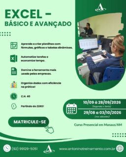 📊🚀 Dominar o Excel pode ser o diferencial que falta para impulsionar sua carreira!
No nosso curso, você aprende na prática desde as funções básicas até recursos avançados, desenvolvendo habilidades que aumentam a produtividade, melhoram a organização e destacam seu currículo no ambiente profissional. 💼✨
🎓 Invista no seu crescimento e prepare-se para novas oportunidades!
🌐 antoninotreinamento.com.br
📲 WhatsApp: 92 99129-5051