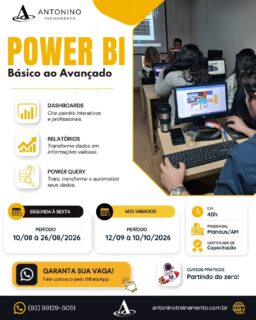 📊 POWER BI BÁSICO E AVANÇADO 
》Enquanto muitos ainda organizam dados manualmente, os profissionais que dominam o Power BI entregam análises, dashboards e resultados que fazem a diferença nas empresas.
O mercado está mudando rapidamente. Quem sabe transformar dados em informação toma decisões melhores, ganha destaque e amplia suas oportunidades profissionais.
🌐 www.antoninotreinamento.com.br⁠
📲 WhatsApp: (92) 99129-5051
#PowerBI #BusinessIntelligence #AnáliseDeDados #Dashboards #PowerQuery MicrosoftPowerBI Excel