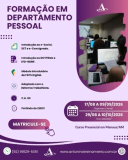 Que tal atuar na área de Departamento Pessoal das empresas?
🎯Saiba que mesmo sem experiência, você pode se qualificar para atuar no setor de Departamento Pessoal das empresas 💡Nosso curso começa do zero e vai direto ao ponto.
💢Faça parte das primeiras turmas de 2026 e garanta seu sucesso profissional.
Vagas limitadas 
Matriculas pelo site (Link na Bio)
www.antoninotreinamento.com.br
Whatsapp 92 99129-5051
#folhadepagamento
#horasextras #13salário #ferias #esocial emprestimoconsignado