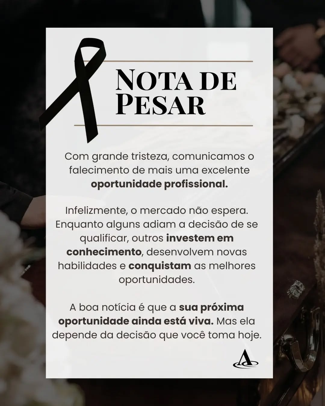 🖤 NOTA DE PESAR
Hoje nos despedimos de mais uma oportunidade profissional.
Causa da perda: falta de qualificação.
Enquanto alguns dizem "depois eu faço um curso", outros investem em conhecimento e conquistam as melhores oportunidades.
🚀 Não espere a oportunidade chegar. Prepare-se para ela!
🌐 www.antoninotreinamento.com.br
📲 https://wa.me/5592991295051
#QualificaçãoProfissional #Empregabilidade #DepartamentoPessoal #AntoninoTreinamento #Cursosemmanaus