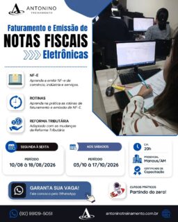 COMEÇA NA SEGUNDA FEIRA 10/08
FATURAMENTO E EMISSÃO DE NOTAS FISCAIS ELETRÔNICA 
A Reforma Tributária está mudando a emissão de Notas Fiscais! 🧾
Com a chegada do IBS, CBS e das novas regras fiscais, os profissionais precisam estar atualizados para emitir documentos corretamente e evitar erros.
No curso de Faturamento e Emissão de Notas Fiscais Eletrônicas da Antonino Treinamento, você aprende na prática as rotinas de faturamento já adaptadas às mudanças da Reforma Tributária.
🌐 www.antoninotreinamento.com.br⁠
📲 WhatsApp: (92) 99129-5051
#Faturamento #EmissãoDeNFe #ReformaTributária #IBS #CBS NotasFiscais CursoProfissionalizante
