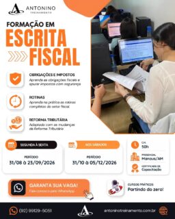 Turma confirmada!
》》FORMAÇÃO EM ESCRITA FISCAL 
O mercado não espera. Quem se qualifica, sai na frente! 
A Formação em Escrita Fiscal é a oportunidade ideal para quem deseja aprender uma profissão do zero ou se atualizar com as mudanças da Reforma Tributária.
✅ Curso prático e informatizado
✅ Adaptado com as mudanças da Reforma Tributária 
✅ Metodologia fácil e direta ao ponto
✅ Aprenda as rotinas que as empresas realmente utilizam
✅ Emissão e análise de notas fiscais, SPED, ICMS, ISS, PIS, COFINS, DCTF e muito mais!
🌐 www.antoninotreinamento.com.br📲 https://wa.me/5592991295051
#EscritaFiscal #ReformaTributária #SPED #ICMS #ISS PISCOFINS DCTF NotaFiscal Tributação DepartamentoFiscal CapacitaçãoProfissional CursoPresencial AntoninoTreinamento