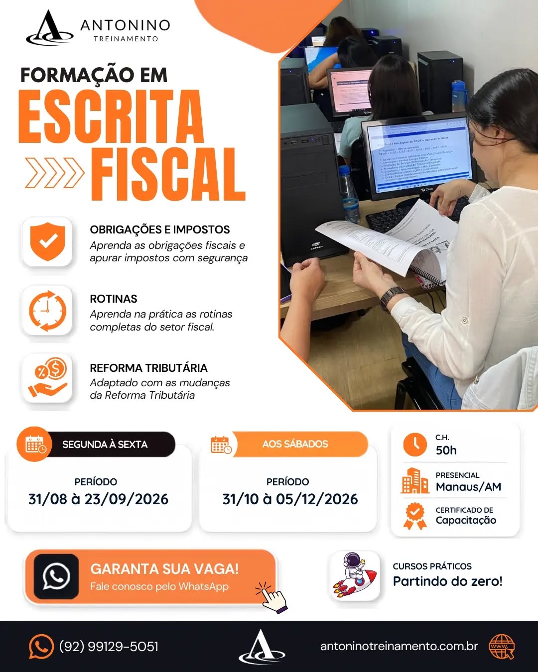 Turma confirmada!
》》FORMAÇÃO EM ESCRITA FISCAL 
O mercado não espera. Quem se qualifica, sai na frente! 
A Formação em Escrita Fiscal é a oportunidade ideal para quem deseja aprender uma profissão do zero ou se atualizar com as mudanças da Reforma Tributária.
✅ Curso prático e informatizado
✅ Adaptado com as mudanças da Reforma Tributária 
✅ Metodologia fácil e direta ao ponto
✅ Aprenda as rotinas que as empresas realmente utilizam
✅ Emissão e análise de notas fiscais, SPED, ICMS, ISS, PIS, COFINS, DCTF e muito mais!
🌐 www.antoninotreinamento.com.br📲 https://wa.me/5592991295051
#EscritaFiscal #ReformaTributária #SPED #ICMS #ISS PISCOFINS DCTF NotaFiscal Tributação DepartamentoFiscal CapacitaçãoProfissional CursoPresencial AntoninoTreinamento