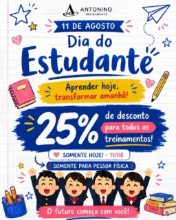 🎓✨ Hoje é Dia do Estudante e quem ganha o presente é você!
Aproveite 25% de desconto em todos os nossos cursos e transforme conhecimento em novas oportunidades! 🚀📚
📈 Excel - Básico e Avançado: De R$467,00 por R$350,25
📑 Formação em Depto. Pessoal: De R$767,00 por R$575,25
💼 Formação em Escrita Fiscal: De R$797,00 por R$597,75
📊 Power BI - Básico e Avançado: De R$647,00 por R$485,25
🧾 Faturamento e Emissão de NFe: De R$497,00 por R$372,75
📠 Gestão de Contas a Pagar e Receber: De R$397,00 por R$297,75
💻 e-Social e Agregados: De R$427,00 por R$320,25
⚖️ Legislação Trabalhista p/ RH: De ~R$497,00~ por  R$372,75
⏰ Somente hoje, 11/08!
Não deixe essa oportunidade passar!
📲 (92) 99129-5051
🌐 antoninotreinamento.com.br