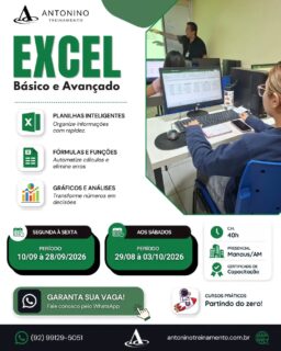 📊🚀 EXCEL NÃO É SÓ PLANILHA. É FERRAMENTA DE TRABALHO!
Você ainda perde tempo fazendo cálculos, organizando informações e criando relatórios manualmente?
No Curso de Excel Básico, Intermediário e Avançado, você aprende a utilizar o Excel de forma prática e profissional, desde os primeiros passos até recursos mais avançados.
🎓 O que você vai desenvolver:
✅ Fórmulas e funções
✅ Organização e tratamento de dados
✅ Tabelas e gráficos
✅ Relatórios profissionais
✅ Recursos avançados
✅ Mais agilidade e produtividade
💼 Seja você iniciante ou profissional que já utiliza Excel, o treinamento ajuda a transformar conhecimento em prática e valorizar seu currículo.
🔥 Domine o Excel. Trabalhe melhor. Destaque-se no mercado!
🌐 antoninotreinamento.com.br
📲 WhatsApp: (92) 99129-5051
#Excel #CursoDeExcel #ExcelBasico #ExcelAvancado #Planilhas