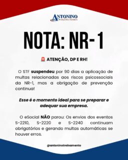 🚨 ATENÇÃO, PROFISSIONAIS DE DP E RH!
O STF suspendeu temporariamente a aplicação de multas relacionadas aos riscos psicossociais da NR-1, mas a obrigação de prevenção continua! ⚠️
💡 Esse período é uma oportunidade para as empresas e profissionais se prepararem, entenderem as novas exigências e adequarem seus processos.
🎓 NOVO CURSO: SST e NOVA NR-1 Para Profissionais do DP e RH
👨‍🏫 Professor Lúcio Antonino
💻 Aulas práticas em laboratório de informática
🗓️ Turmas em Outubro
🌙 Noturna: 13/10 a 19/10/2026
💼 Sábados: 17/10 e 31/10/2026
🚨 Vagas limitadas!
Não espere o prazo acabar para começar a se preparar. Atualize-se agora e esteja à frente das novas exigências!
📲 WhatsApp: (92) 99129-5051
🌐 antoninotreinamento.com.br
#AntoninoTreinamento #SST #NR1 #NovaNR1 #RiscosPsicossociais