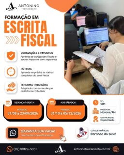 🚨 A ÁREA FISCAL ESTÁ MUDANDO — E VOCÊ PRECISA ACOMPANHAR!
A Reforma Tributária já está trazendo novas exigências para a rotina das empresas. IBS, CBS, novos campos nos documentos fiscais e mudanças na emissão de notas já fazem parte da fase de adaptação. 🧾📊
Você aprende na prática:
✅ Reforma Tributária
✅ IBS e CBS
✅ Emissão e análise de documentos fiscais
✅ CFOP e tributação
✅ Rotinas da área fiscal
✅ Atualizações que impactam o dia a dia profissional
💼 Não fique para trás. Quem se atualiza agora sai na frente!
🌐 antoninotreinamento.com.br
📲 WhatsApp: (92) 99129-5051
#AntoninoTreinamento #EscritaFiscal #FormacaoFiscal #ReformaTributaria #IBS