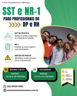 🚨 SST E NOVA NR-1: VOCÊ ESTÁ PREPARADO?
As mudanças na NR-1 já estão impactando a rotina de empresas, DP e RH. E quem trabalha com gestão de pessoas precisa entender como agir na prática! 🦺📋
🎓 NOVO CURSO: SST e NOVA NR-1 Para Profissionais do DP e RH
Você vai aprender sobre:
✅ Riscos psicossociais
✅ PGR e prevenção
✅ Responsabilidades do DP e RH
✅ Aplicação prática da NR-1
✅ Atualizações e exigências para as empresas
👨‍🏫 Professor Lúcio Antonino
💻 Aula prática em laboratório de informática
⚠️ Vagas limitadas!
Não espere a fiscalização chegar para começar a se preparar. Atualize seus conhecimentos e esteja pronto para as novas exigências!
📲 WhatsApp: (92) 99129-5051
🌐 antoninotreinamento.com.br
#AntoninoTreinamento #SST #NR1 #NovaNR1 #RiscosPsicossociais
