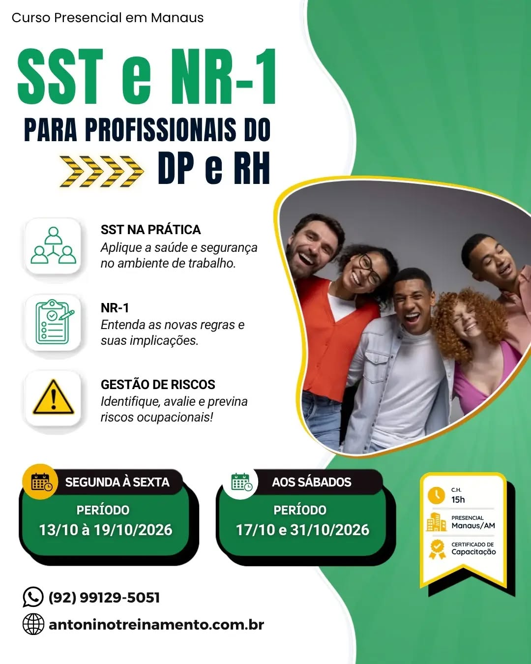 🚨 SST E NOVA NR-1: VOCÊ ESTÁ PREPARADO?
As mudanças na NR-1 já estão impactando a rotina de empresas, DP e RH. E quem trabalha com gestão de pessoas precisa entender como agir na prática! 🦺📋
🎓 NOVO CURSO: SST e NOVA NR-1 Para Profissionais do DP e RH
Você vai aprender sobre:
✅ Riscos psicossociais
✅ PGR e prevenção
✅ Responsabilidades do DP e RH
✅ Aplicação prática da NR-1
✅ Atualizações e exigências para as empresas
👨‍🏫 Professor Lúcio Antonino
💻 Aula prática em laboratório de informática
⚠️ Vagas limitadas!
Não espere a fiscalização chegar para começar a se preparar. Atualize seus conhecimentos e esteja pronto para as novas exigências!
📲 WhatsApp: (92) 99129-5051
🌐 antoninotreinamento.com.br
#AntoninoTreinamento #SST #NR1 #NovaNR1 #RiscosPsicossociais