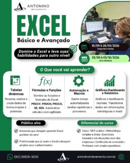 📊🚀 EXCEL NÃO É SÓ PLANILHA. É FERRAMENTA DE TRABALHO!
Você ainda perde tempo fazendo cálculos, organizando informações e criando relatórios manualmente?
No Curso de Excel Básico, Intermediário e Avançado, você aprende a utilizar o Excel de forma prática e profissional, desde os primeiros passos até recursos mais avançados.
🎓 O que você vai desenvolver:
✅ Fórmulas e funções
✅ Organização e tratamento de dados
✅ Tabelas e gráficos
✅ Relatórios profissionais
✅ Recursos avançados
✅ Mais agilidade e produtividade
💼 Seja você iniciante ou profissional que já utiliza Excel, o treinamento ajuda a transformar conhecimento em prática e valorizar seu currículo.
🔥 Domine o Excel. Trabalhe melhor. Destaque-se no mercado!
🌐 antoninotreinamento.com.br
📲 WhatsApp: (92) 99129-5051
#AntoninoTreinamento #Excel #CursoDeExcel #ExcelBasico #ExcelAvancado