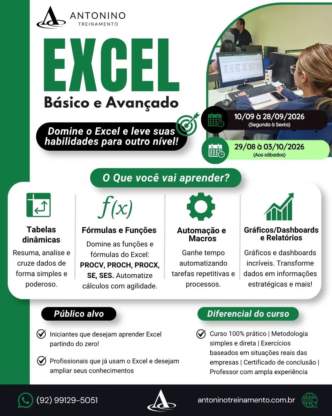 📊🚀 EXCEL NÃO É SÓ PLANILHA. É FERRAMENTA DE TRABALHO!
Você ainda perde tempo fazendo cálculos, organizando informações e criando relatórios manualmente?
No Curso de Excel Básico, Intermediário e Avançado, você aprende a utilizar o Excel de forma prática e profissional, desde os primeiros passos até recursos mais avançados.
🎓 O que você vai desenvolver:
✅ Fórmulas e funções
✅ Organização e tratamento de dados
✅ Tabelas e gráficos
✅ Relatórios profissionais
✅ Recursos avançados
✅ Mais agilidade e produtividade
💼 Seja você iniciante ou profissional que já utiliza Excel, o treinamento ajuda a transformar conhecimento em prática e valorizar seu currículo.
🔥 Domine o Excel. Trabalhe melhor. Destaque-se no mercado!
🌐 antoninotreinamento.com.br
📲 WhatsApp: (92) 99129-5051
#AntoninoTreinamento #Excel #CursoDeExcel #ExcelBasico #ExcelAvancado
