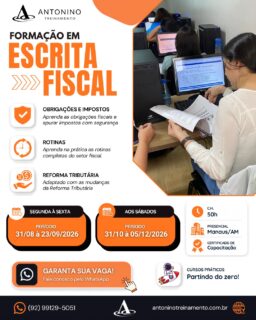 🎓 FORMAÇÃO EM ESCRITA FISCAL
Um treinamento completo e atualizado para você desenvolver segurança na rotina fiscal e acompanhar as principais mudanças do mercado.
📚 Você vai aprender sobre:
✅ Reforma Tributária
✅ IBS e CBS
✅ Emissão e análise de documentos fiscais
✅ CFOP e tributação
✅ Apuração e rotinas fiscais
✅ Atualizações que impactam o dia a dia das empresas e muito mais!
💼 Não fique esperando as mudanças acontecerem. Prepare-se agora!
📲 WhatsApp: (92) 99129-5051
🌐 antoninotreinamento.com.br
#AntoninoTreinamento #EscritaFiscal #ReformaTributaria #IBS #CBS