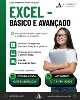 📊💻 EXCEL DO BÁSICO AO AVANÇADO! 🚀
💼 O Excel está presente na rotina de empresas de praticamente todos os segmentos. Saber utilizar a ferramenta com segurança é um grande diferencial profissional! 🎯 Aprenda na prática:
🧮 Fórmulas e funções
📊 Planilhas e controles profissionais
📈 Gráficos e relatórios
🔎 Organização e análise de dados
⚡ Recursos para otimizar tarefas
💼 Aplicações no dia a dia das empresas
🚀 E muito mais!
🔥 Não fique apenas sabendo usar o Excel. Aprenda a dominar uma das ferramentas mais utilizadas no mercado de trabalho!
📲 (92) 99129-5051 - LINK BIO E STORY
🌐 antoninotreinamento.com.br
#AntoninoTreinamento #Excel #CursoDeExcel #ExcelAvancado #ExcelIntermediario