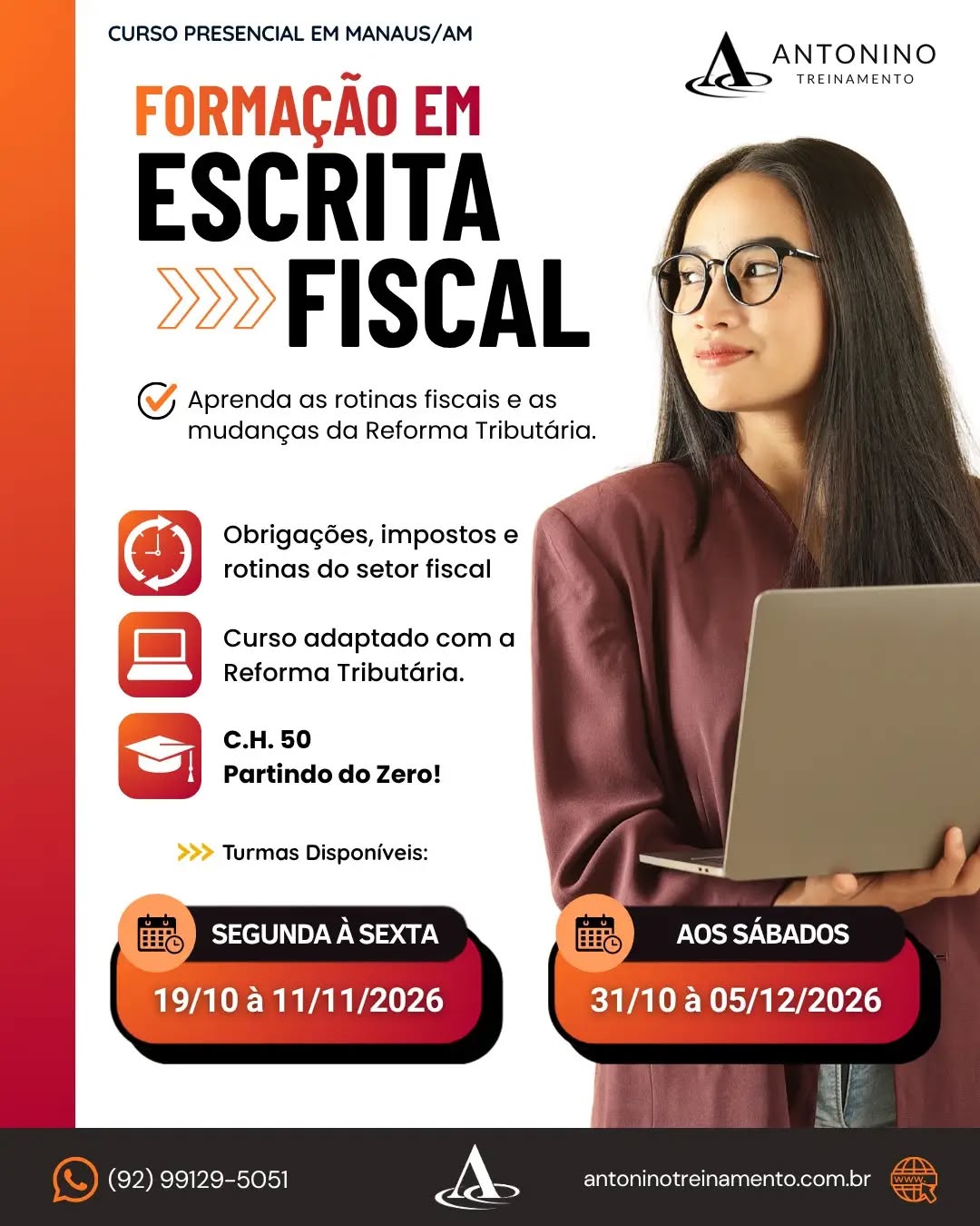 Últimas 02 vagas  Inicio 31/10
🎓 FORMAÇÃO EM ESCRITA FISCAL
Um treinamento completo e atualizado para você desenvolver segurança na rotina fiscal e acompanhar as principais mudanças do mercado.
📚 Você vai aprender sobre:
✅ Reforma Tributária
✅ IBS e CBS
✅ Emissão e análise de documentos fiscais
✅ CFOP e tributação
✅ Apuração e rotinas fiscais
✅ Atualizações que impactam o dia a dia das empresas e muito mais!
💼 Não fique esperando as mudanças acontecerem. Prepare-se agora!
📲 WhatsApp: (92) 99129-5051
🌐 antoninotreinamento.com.br
#AntoninoTreinamento #EscritaFiscal #ReformaTributaria #IBS #CBS