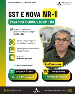 🚨 ATENÇÃO, PROFISSIONAIS DE DP E RH!
A SST e a Nova NR-1 já fazem parte da rotina das empresas — e quem atua no Departamento Pessoal ou Recursos Humanos precisa estar preparado! ⚠️💼
Você vai entender, na prática:
✅ Nova NR-1 e riscos psicossociais
✅ Responsabilidades do DP e RH
✅ SST e sua relação com o eSocial
✅ Eventos S-2210, S-2220 e S-2240
✅ Prevenção e gestão de riscos
✅ Adequação das rotinas da empresa
✅ E muito mais!
👨‍🏫 Professor Lúcio Antonino
🎯 Não espere a exigência chegar para começar a se preparar.
📲 (92) 99129-5051 
🌐 antoninotreinamento.com.br 
#AntoninoTreinamento #SST #NR1 #NovaNR1 #RiscosPsicossociais