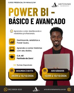 TURMA CONFIRMADA! INÍCIO 29/09
POWER BI: TRANSFORME DADOS EM DECISÕES!
No mercado atual, saber analisar dados é um grande diferencial profissional. 💼📈
Com o Power BI, você aprende a transformar informações em relatórios, indicadores e dashboards profissionais. 🎯
💻 Aprenda na prática:
📊 Criação de dashboards
📈 Gráficos e indicadores
🔄 Tratamento e organização de dados
🔍 Análise de informações
💼 Inteligência de negócios
⚡ Relatórios interativos e muito mais!
🔥 Domine uma das ferramentas mais valorizadas pelas empresas e destaque seu currículo!
📲 (92) 99129-5051
🌐 antoninotreinamento.com.br
#AntoninoTreinamento #PowerBI #MicrosoftPowerBI #Dashboards #AnaliseDeDados