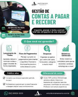 ⚠️ INICIANDO NESSE SÁBADO: 19/09 e 26/09/2026
💰 CURSO DE GESTÃO DE CONTAS A PAGAR E RECEBER
💼 Quer aprimorar seus conhecimentos financeiros e se preparar melhor para o mercado de trabalho? Essa é a oportunidade ideal para você!
➡️ Turmas disponíveis!
⚠️ INICIANDO NESSE SÁBADO: 19/09 e 26/09/2026
📌 Semana: 28/09 à 02/10/2026
🚨 Estamos nas últimas 04 VAGAS para a turma que começa NESSE SÁBADO!
🌐 antoninotreinamento.com.br
📲 (92) 99129-5051 - LINK BIO E STORY