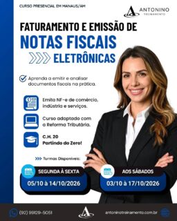 🧾 CURSO: FATURAMENTO E EMISSÃO DE NOTAS FISCAIS ELETRÔNICAS
Recentemente, os sistemas emissores passaram a contar com novos campos relacionados ao IBS e à CBS, exigindo atenção dos profissionais responsáveis pela emissão de notas fiscais.
⚠️Turmas disponívels!
📌 Sábados: 03/10 a 17/10/2026
📌 Semana: 05/10 a 14/10/2026
🚨 Curso prático e informatizado, partindo do ZERO!
antoninotreinamento.com.br
📲 (92) 99129-5051
#AntoninoTreinamento #faturamento #nfe #IBS #CBS