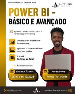 TURMA CONFIRMADA! INÍCIO 29/09
POWER BI: TRANSFORME DADOS EM DECISÕES!
No mercado atual, saber analisar dados é um grande diferencial profissional. 💼📈
Com o Power BI, você aprende a transformar informações em relatórios, indicadores e dashboards profissionais. 🎯
💻 Aprenda na prática:
📊 Criação de dashboards
📈 Gráficos e indicadores
🔄 Tratamento e organização de dados
🔍 Análise de informações
💼 Inteligência de negócios
⚡ Relatórios interativos e muito mais!
🔥 Domine uma das ferramentas mais valorizadas pelas empresas e destaque seu currículo!
📲 (92) 99129-5051
🌐 antoninotreinamento.com.br
#AntoninoTreinamento #PowerBI #MicrosoftPowerBI #Dashboards #AnaliseDeDados
