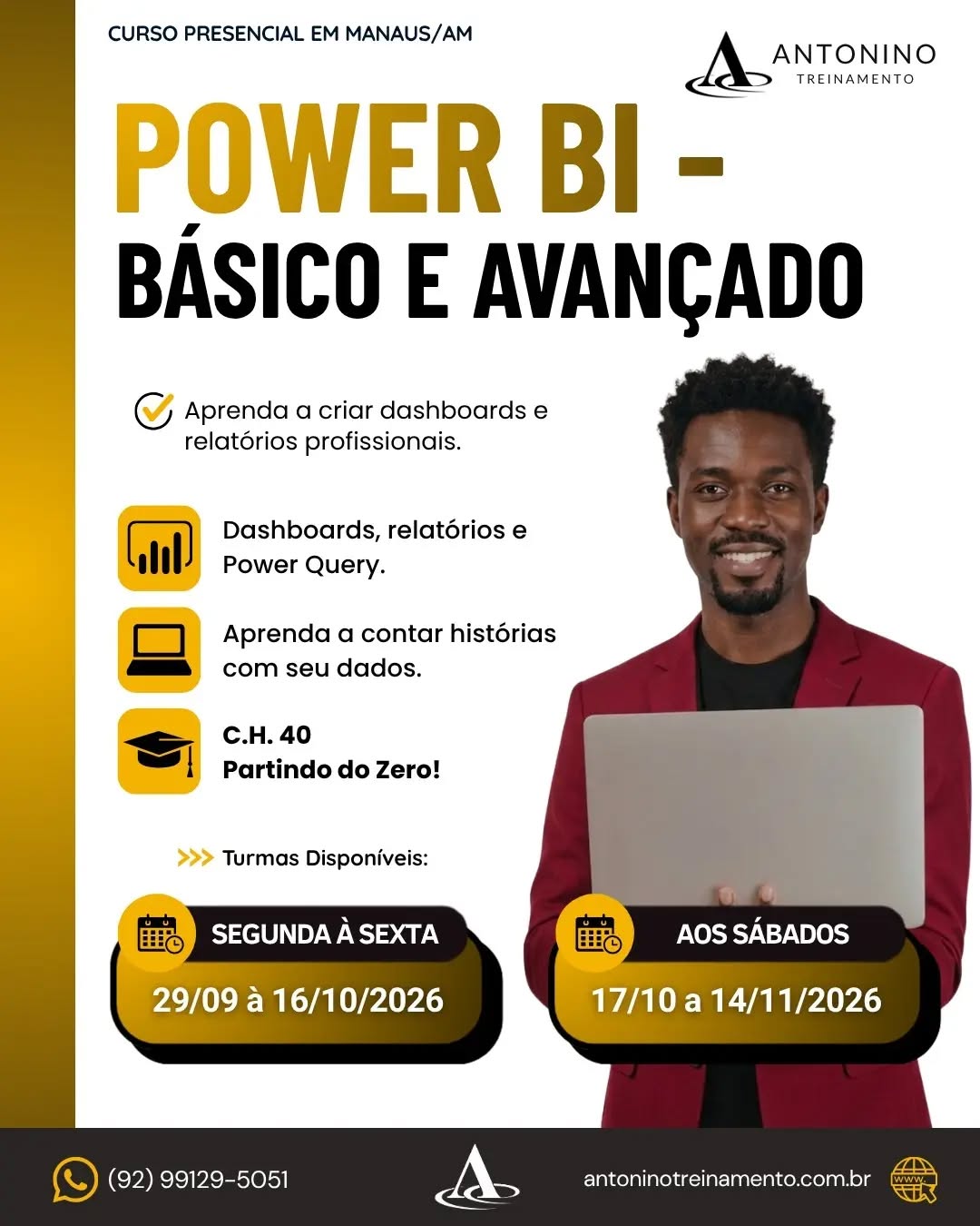 TURMA CONFIRMADA! INÍCIO 29/09
POWER BI: TRANSFORME DADOS EM DECISÕES!
No mercado atual, saber analisar dados é um grande diferencial profissional. 💼📈
Com o Power BI, você aprende a transformar informações em relatórios, indicadores e dashboards profissionais. 🎯
💻 Aprenda na prática:
📊 Criação de dashboards
📈 Gráficos e indicadores
🔄 Tratamento e organização de dados
🔍 Análise de informações
💼 Inteligência de negócios
⚡ Relatórios interativos e muito mais!
🔥 Domine uma das ferramentas mais valorizadas pelas empresas e destaque seu currículo!
📲 (92) 99129-5051
🌐 antoninotreinamento.com.br
#AntoninoTreinamento #PowerBI #MicrosoftPowerBI #Dashboards #AnaliseDeDados