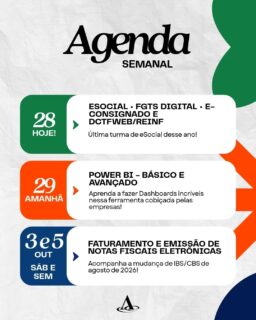 🎓 AGENDA SEMANAL - Cursos Práticos
Confira os próximos treinamentos:
📌 28/09 (HOJE)
💻 eSocial • FGTS Digital • E-Consignado e DCTFWeb/Reinf
📌 29/09 (SEM)
📊 Power BI Básico e Avançado
📌 03/10 (SÁB) e 05/10 (SEM)
📃 Faturamento e Emissão de Notas Fiscais Eletrônicas
👨🏻‍💻 Profissionais atualizados reduzem erros, aumentam a produtividade e tornam os processos mais seguros e eficientes.
📲 (92) 99129-5051
antoninotreinamento.com.br