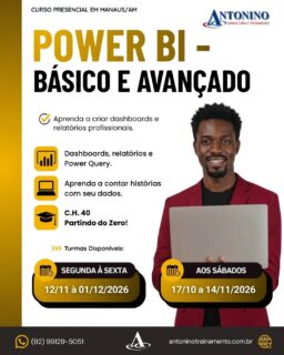 📊 POWER BI — TRANSFORME DADOS EM DECISÕES!
Já pensou em transformar planilhas e informações em dashboards profissionais e interativos? 🚀
No curso de Power BI Básico e Avançado, você aprende na prática a importar, organizar, analisar e visualizar dados para criar relatórios que realmente ajudam no dia a dia profissional.
💻 40h de capacitação prática e informatizada
🎓 Certificado
📚 Do básico ao avançado
🚀 Invista no seu crescimento profissional!
📲 Matrículas: (92) 99129-5051
🌐 antoninotreinamento.com.br