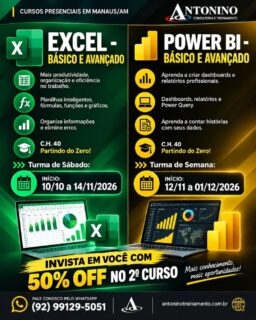 🚨 DUAS HABILIDADES QUE PODEM TRANSFORMAR SEU DESEMPENHO PROFISSIONAL!
Você sabe usar Excel e Power BI de verdade? 📊💻
Mais do que conhecer as ferramentas, é preciso saber aplicar no dia a dia, organizar informações, analisar dados e apresentar resultados.
🎯 Turmas presenciais em Manaus/AM
📅 Excel: 10/10 a 14/11/2026 — aos sábados
📅 Power BI: 12/11 a 01/12/2026 — turma da semana
🔥 E TEM MAIS:
Ao investir nos dois cursos, você garante 50% OFF no 2º curso!
👉 Chame um amigo ou invista na capacitação da sua equipe.
📲 Fale conosco no Whatspp: (92) 99129-5051
Ou acesse nosso site no link da Bio
https://antoninotreinamento.com.br/