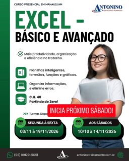 🚨 É NESTE SÁBADO! 10/10 💻📊
🔥 TURMA DE EXCEL COMEÇANDO!
Quer dominar o Excel e melhorar seu desempenho profissional? Essa é a hora!
📚 Excel Básico, Intermediário e Avançado
💻 Aulas presenciais, práticas e informatizadas
👨‍🏫 Aprendizado com aplicação no dia a dia
🎓 Certificado
🚀 Aprenda na prática e fortaleça seu currículo!
📲 (92) 99129-5051 - LINK BIO E STORY
🌐 antoninotreinamento.com.br