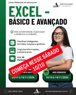 🚨 É NESTE SÁBADO! 10/10 💻📊
🔥 TURMA DE EXCEL COMEÇANDO!
Quer dominar o Excel e melhorar seu desempenho profissional? Essa é a hora!
📚 Excel Básico, Intermediário e Avançado
💻 Aulas presenciais, práticas e informatizadas
👨‍🏫 Aprendizado com aplicação no dia a dia
🎓 Certificado
🚀 Aprenda na prática e fortaleça seu currículo!
📲 (92) 99129-5051 - LINK BIO E STORY
🌐 antoninotreinamento.com.br