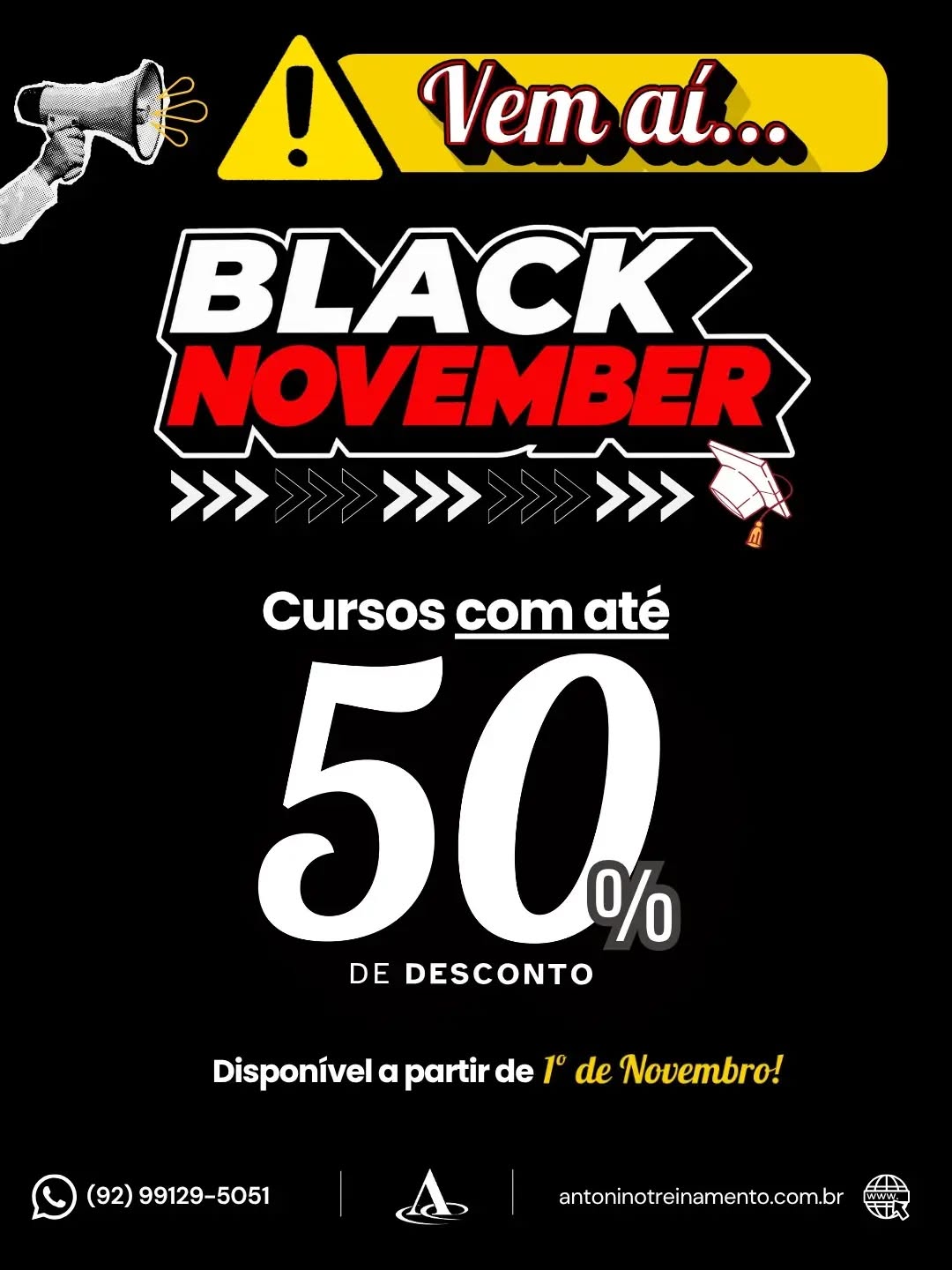 🖤🔥 BLACK NOVEMBER ANTONINO TREINAMENTO!
🗓 ANOTE NA AGENDA: 01/11
🚨 Novembro vai começar com oportunidades especiais para investir na sua carreira e dar o próximo passo na sua vida profissional!
🎓 Cursos nas áreas de:
💼 Departamento Pessoal e RH
🧾 Escrita Fiscal e Faturamento
📊 Excel e Power BI
💰 Financeiro
⚖️ Legislação Trabalhista
🦺 SST / NR-1 e muito mais!
🖤 EX-ALUNOS TERÃO PRIORIDADE NAS PRIMEIRAS VAGAS!
👀 Prepare-se para aproveitar condições especiais e transformar conhecimento em novas oportunidades!
📅 01 DE NOVEMBRO
📲 (92) 99129-5051
🌐 www.antoninotreinamento.com.br