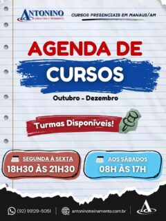 📚✨ AGENDA DE CURSOS | OUTUBRO A DEZEMBRO 2026
🚀 O ano ainda não acabou! Aproveite os próximos meses para investir na sua qualificação profissional e começar 2027 com novos conhecimentos!
🎯 Aprenda na prática, fortaleça seu currículo e amplie suas oportunidades profissionais!
📲 Informações e matrículas: (92) 99129-5051
🌐 www.antoninotreinamento.com.br