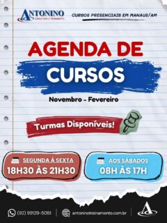 📢🎓 AGENDA DE CURSOS | NOV 2026 A FEV 2027
🚀 Seu próximo passo profissional começa com uma boa capacitação!
🎯 Escolha seu curso, organize sua agenda e prepare-se para aprender na prática!
🔥 ALERTA DE SPOILER: A BLACK NOVEMBER ESTÁ CHEGANDO! 🖤💥
Prepare-se para aproveitar condições especiais para investir na sua capacitação! Fique de olho nas nossas publicações e acompanhe as novidades para não perder as oportunidades que vêm por aí! 👀
📅 Confira a programação de novembro de 2026 a fevereiro de 2027 e planeje sua próxima capacitação!
📲 Entre em contato e consulte as próximas turmas:
(92) 99129-5051
🌐 antoninotreinamento.com.br