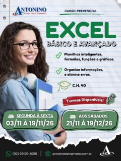 🚨📊 É NA PRÓXIMA TERÇA-FEIRA!
💻 CURSO DE EXCEL BÁSICO E AVANÇADO!
🚀 Quer dominar o Excel e desenvolver habilidades que fazem a diferença no currículo? Essa é a oportunidade de investir no seu crescimento profissional!
📅 Início: 03/11 (terça-feira)
📆 Aos sábados: 21/11
✅ Aulas presenciais, práticas e informatizadas!
✅ Material didático e certificado de conclusão!
🔥 A TURMA ESTÁ CHEGANDO! Entre em contato e garanta sua vaga!
📲 (92) 99129-5051
🌐 antoninotreinamento.com.br